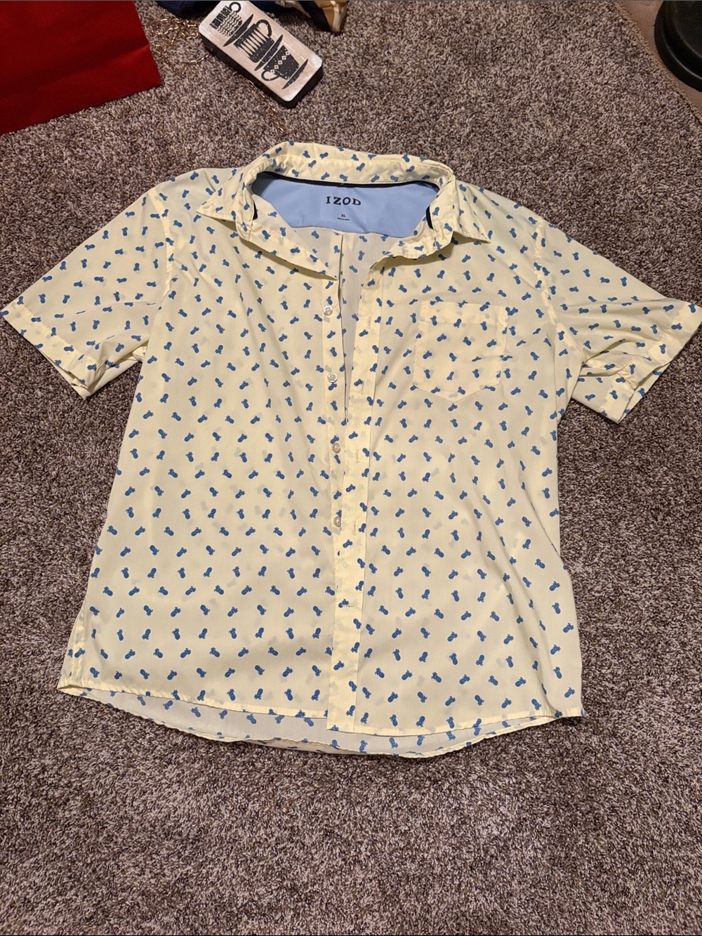 Izod Short-Sleeve Button-Down Shirt in Pale Yellow with Blue Print